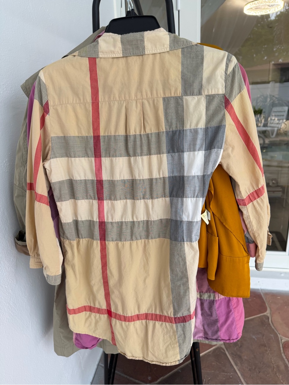 Burberry Beige Plaid Button-Front Jean Jacket with Red and Gray Accents - Picture 2 of 8